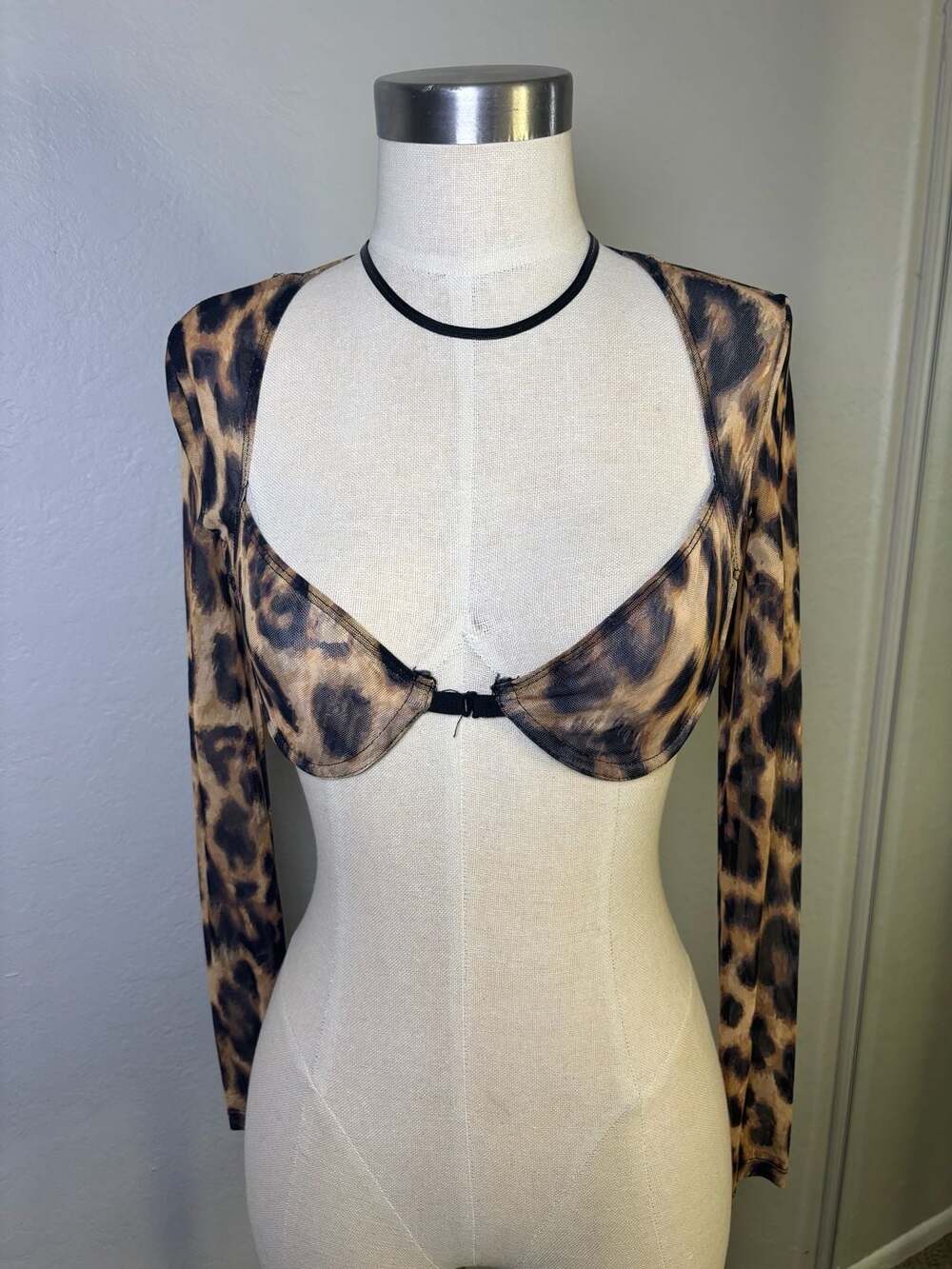Edikted Leopard Print Mesh Bra Top Size S Long Sleeve